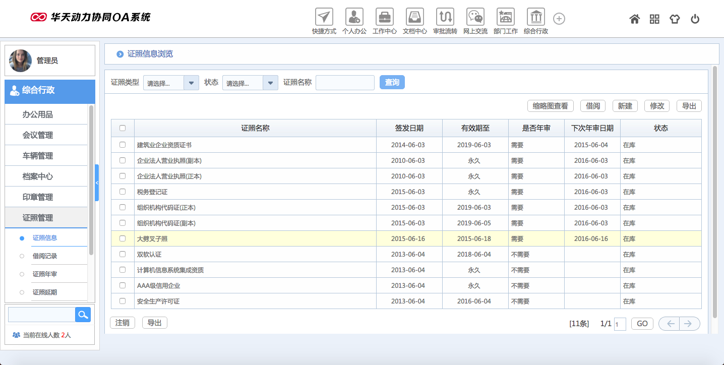 华天动力OA试用版功能测评（七）：综合行政