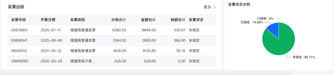 华天动力OA系统费控门户DEMO中的发票台账明细与发票状态占比图