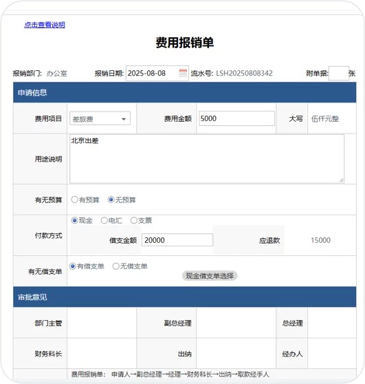 华天动力OA系统经费报销单真实界面,展示预算科目、可用余额和报销金额