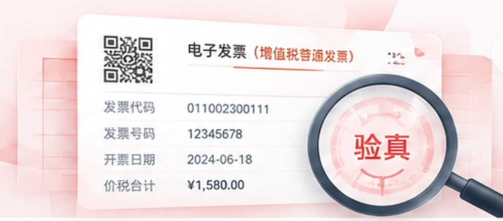电子发票与放大镜业务示意图，象征发票信息核验及电子票据管理，不是真实业务发票