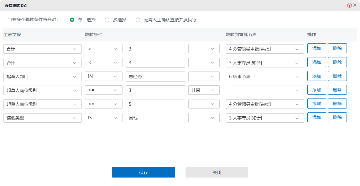 华天动力OA工作流跳转条件设置界面,可按字段和条件配置跳转到不同审批节点